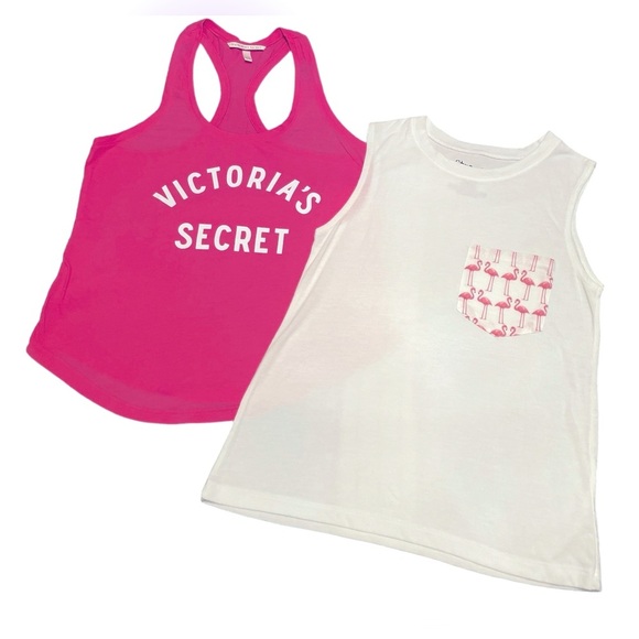 🔥Victoria’s Secret Hot Pink Racerback Tank & Stranded Pink Flamingo Tank, XS - Picture 1 of 8